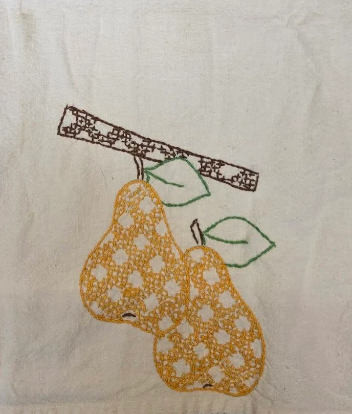 Vintage Embroidered Pear Linen Towel