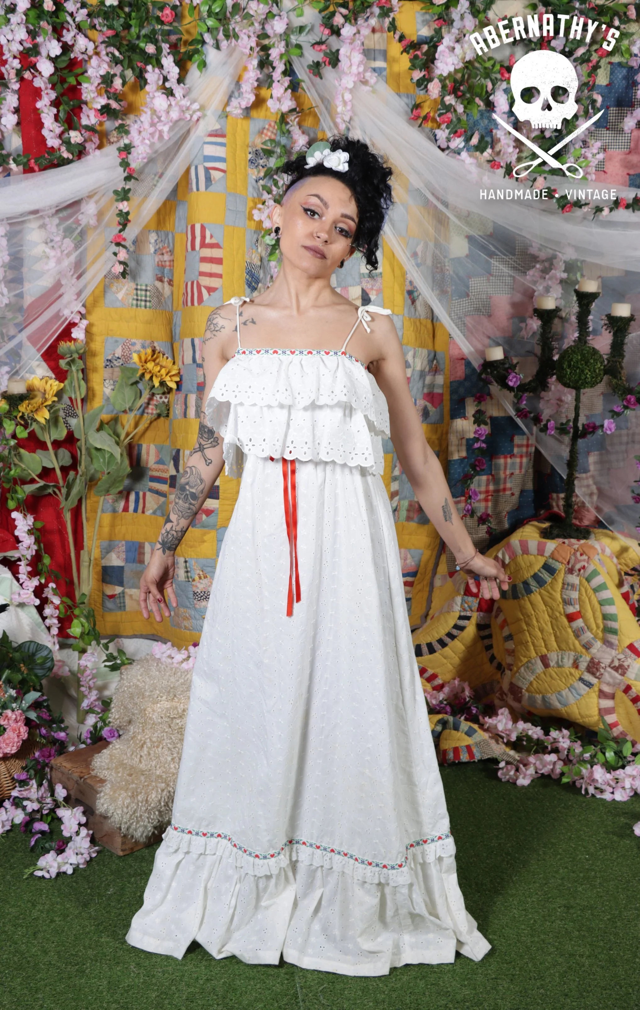 Vintage 1970s Eyelet Lace White Cotton Prairie Dress - Image 2