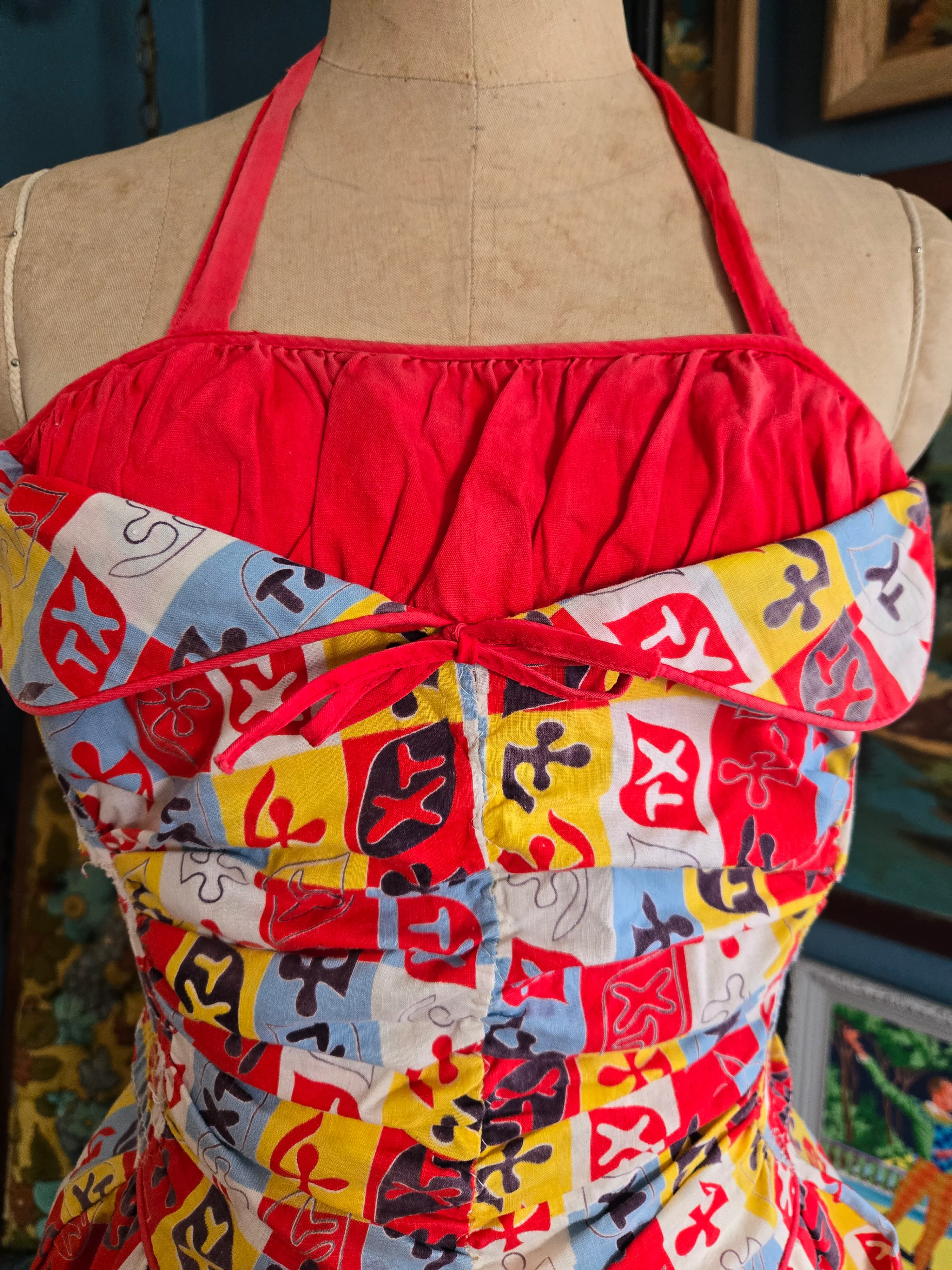 Vintage 50s Red Yellow Blue Color Block Swimsuit - Image 4