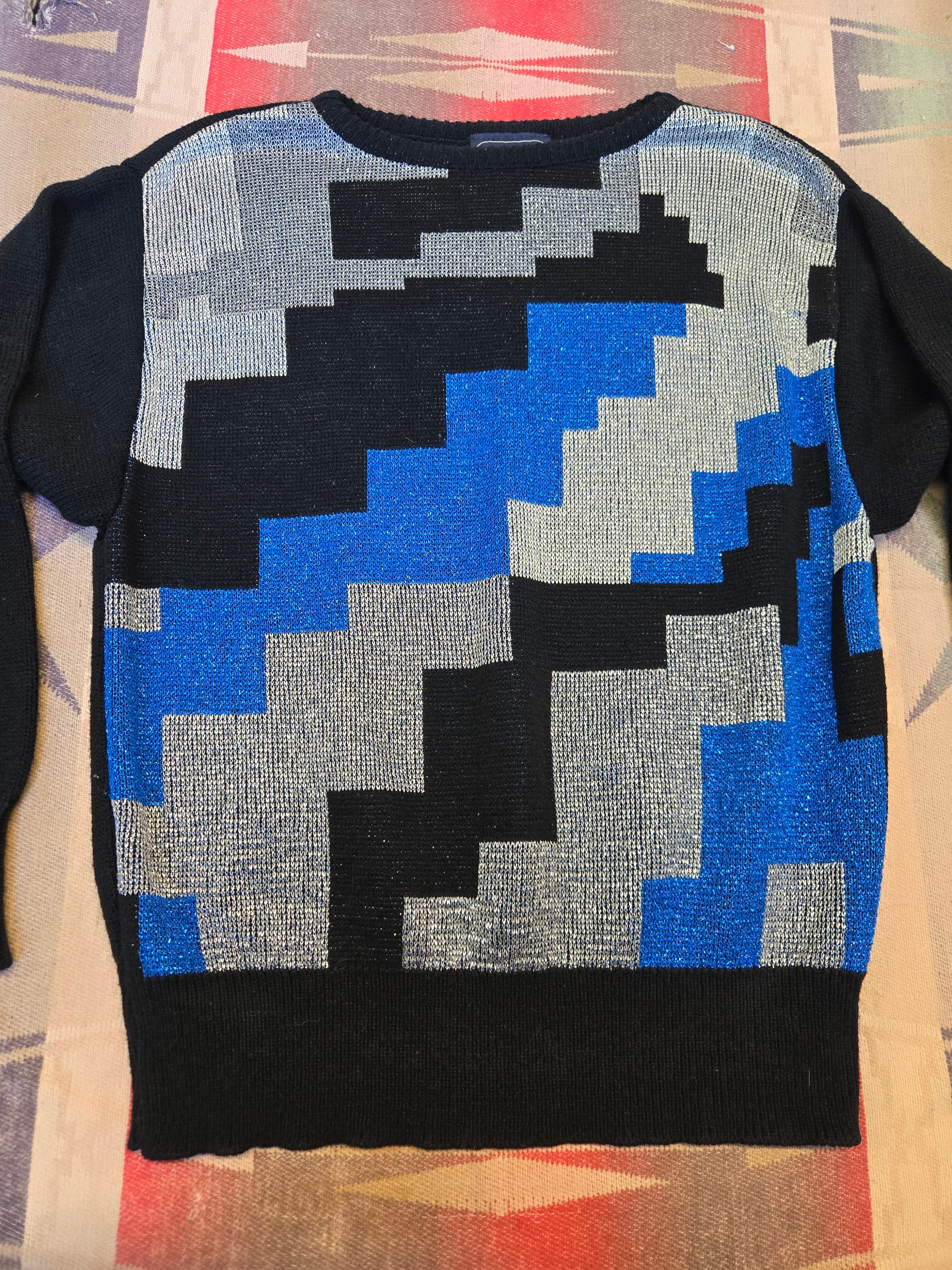 Vintage 80s Metallic Blue and Silver Sweater - Image 3