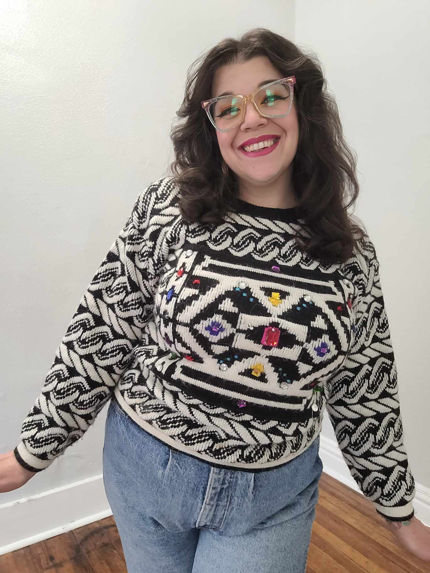 Vintage 80's Black and White Bejeweled Sweater - Image 7