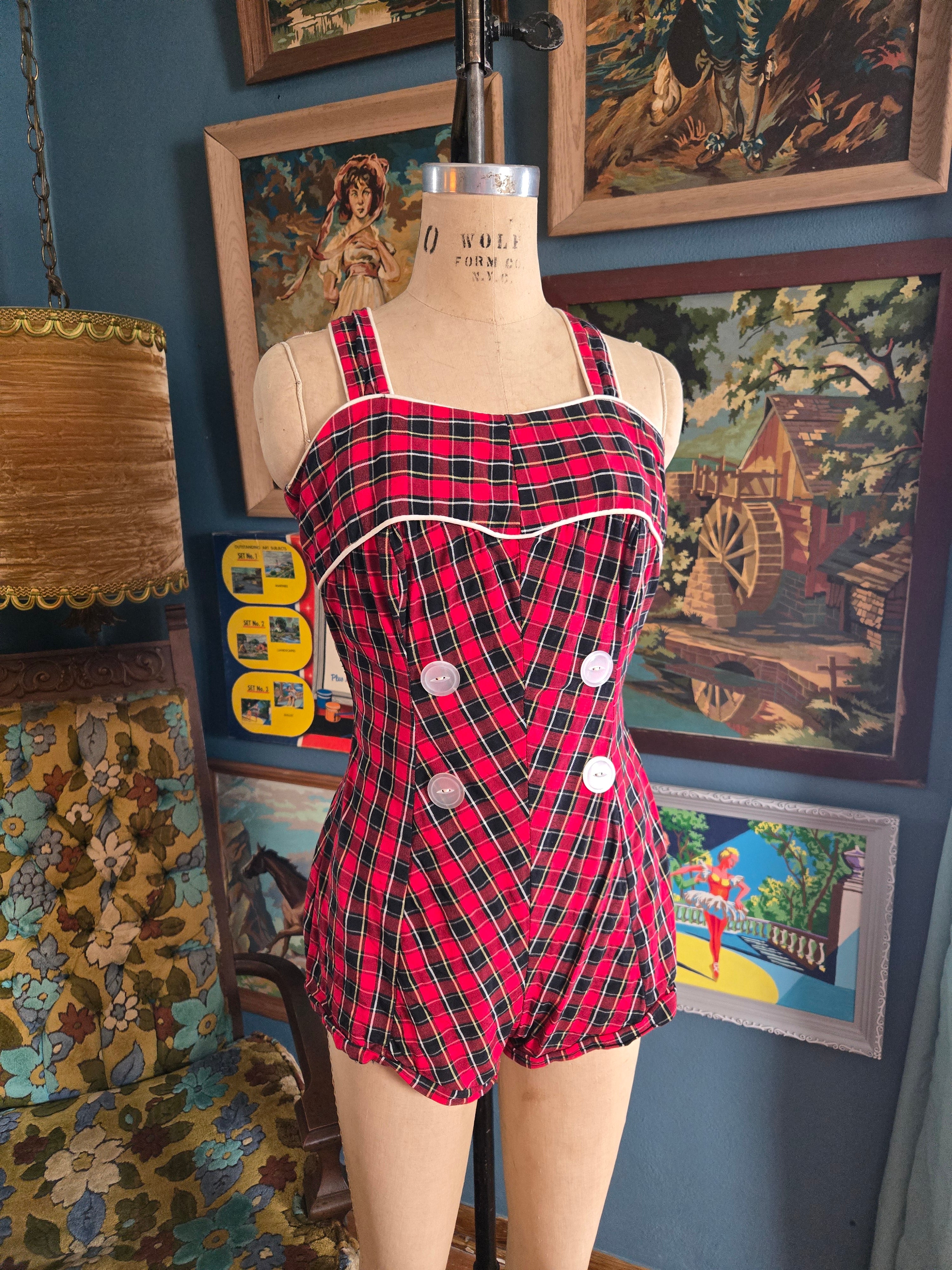 Vintage 50s Red and Black Plaid Swim Suit - Image 2